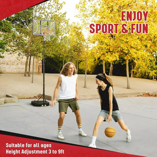 Basketball Hoop with 32-Inch Backboard, Adjustable Height from 3 to 9 Feet, Outdoor and Indoor Portable Basketball Go